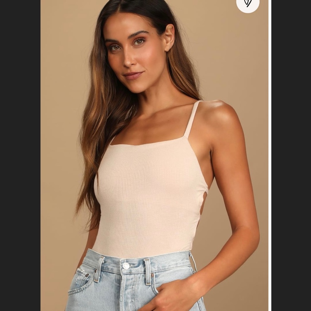 Beige Ribbed Strappy Backless Bodysuit - Picture 2 of 8